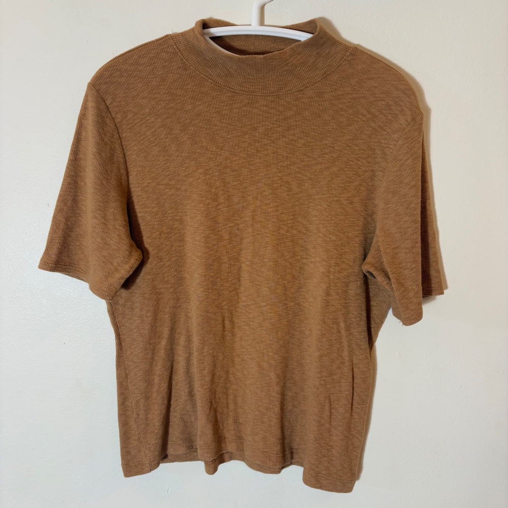 Joie Brown Ribbed Mock Neck Short Sleeve Knit Top Pima Cotton Modal Size Large